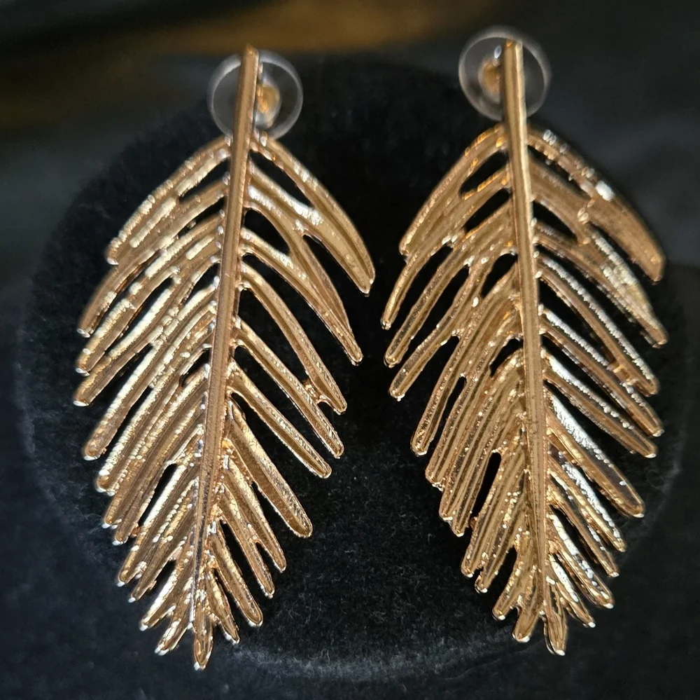 Gold Leaf Earrings 3"×1" - Picture 3 of 7